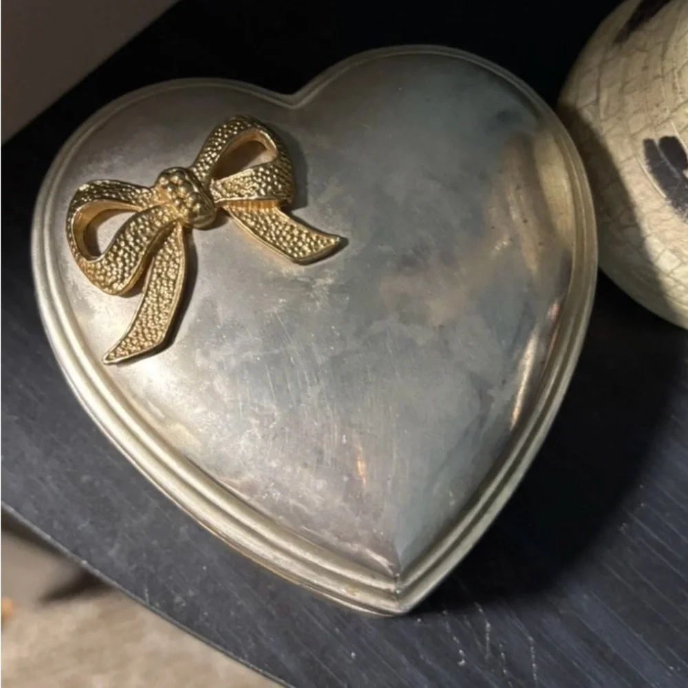 Vintage Silver Heart Jewelry Box with Gold Bow Accent